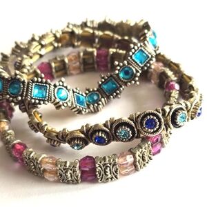 3 bracelets blue pink silver tone stretch elastic beads beaded